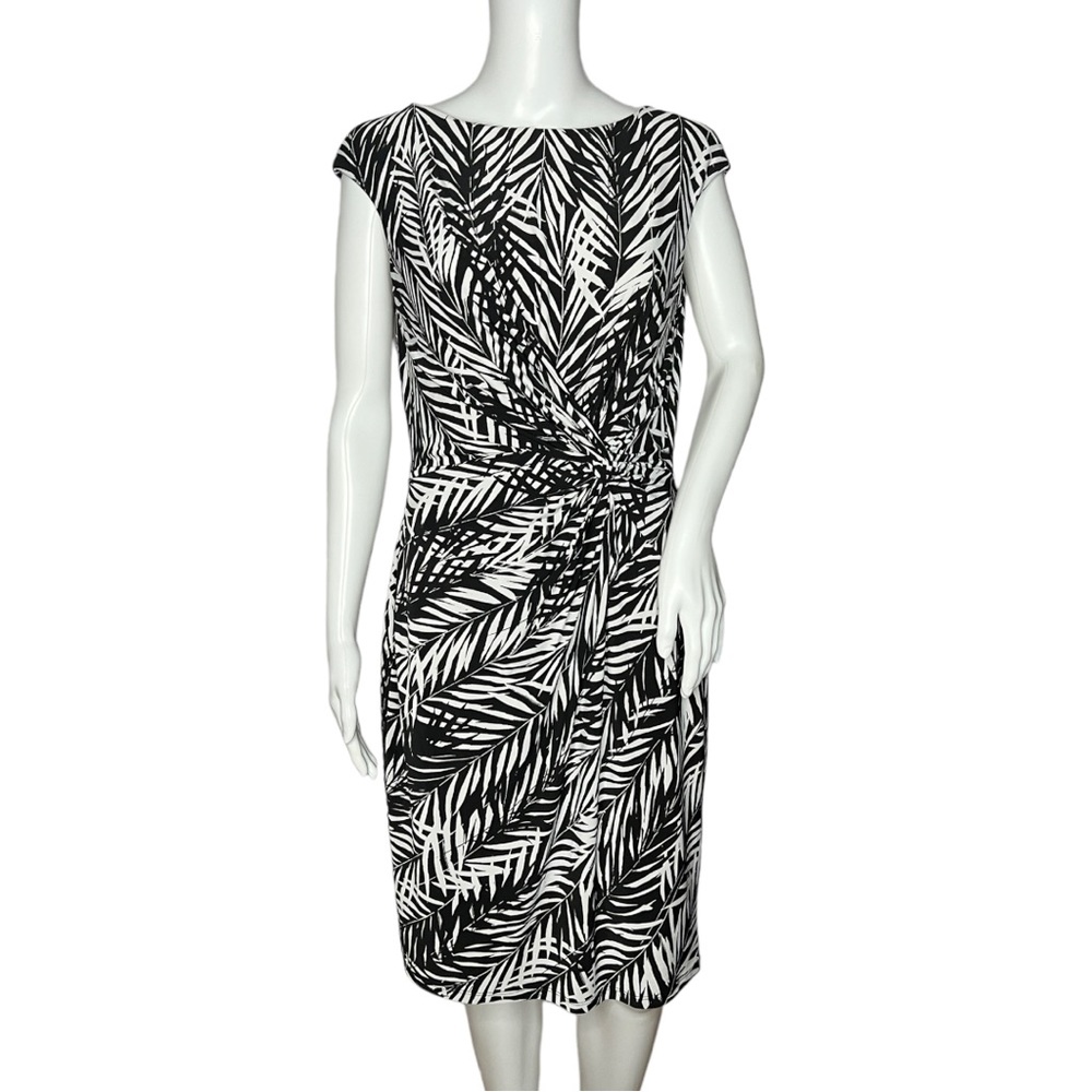 Lauren Ralph Lauren Dress Womens 10 Black White Leaf‎ Print Botanical Neutral